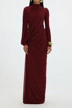 Liz High Neck Asymmetric Drape Ruched Maxi Dress In Burgundy Flowering Girl