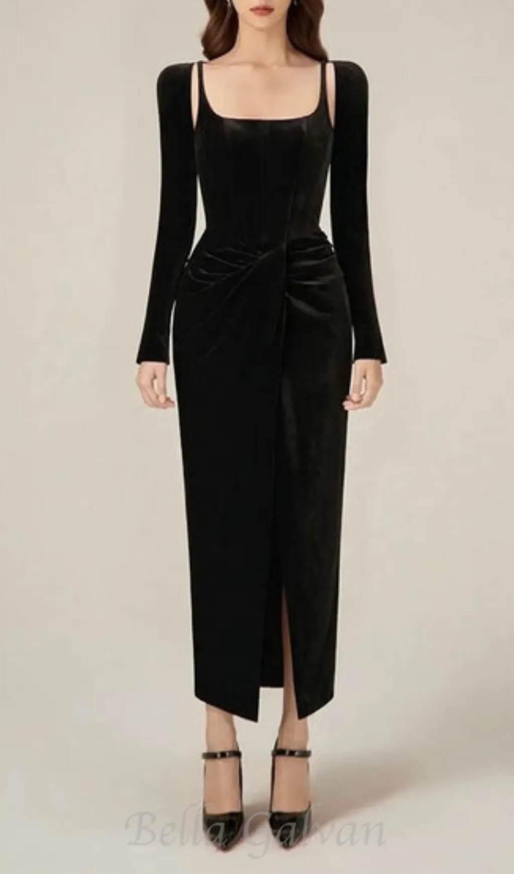 Black Velvet Draped midi Dress Flowering Girl