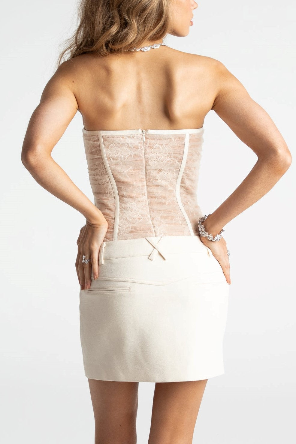 Rolyn Ruched Mesh Strapless Mini Dress - White Flowering Girl