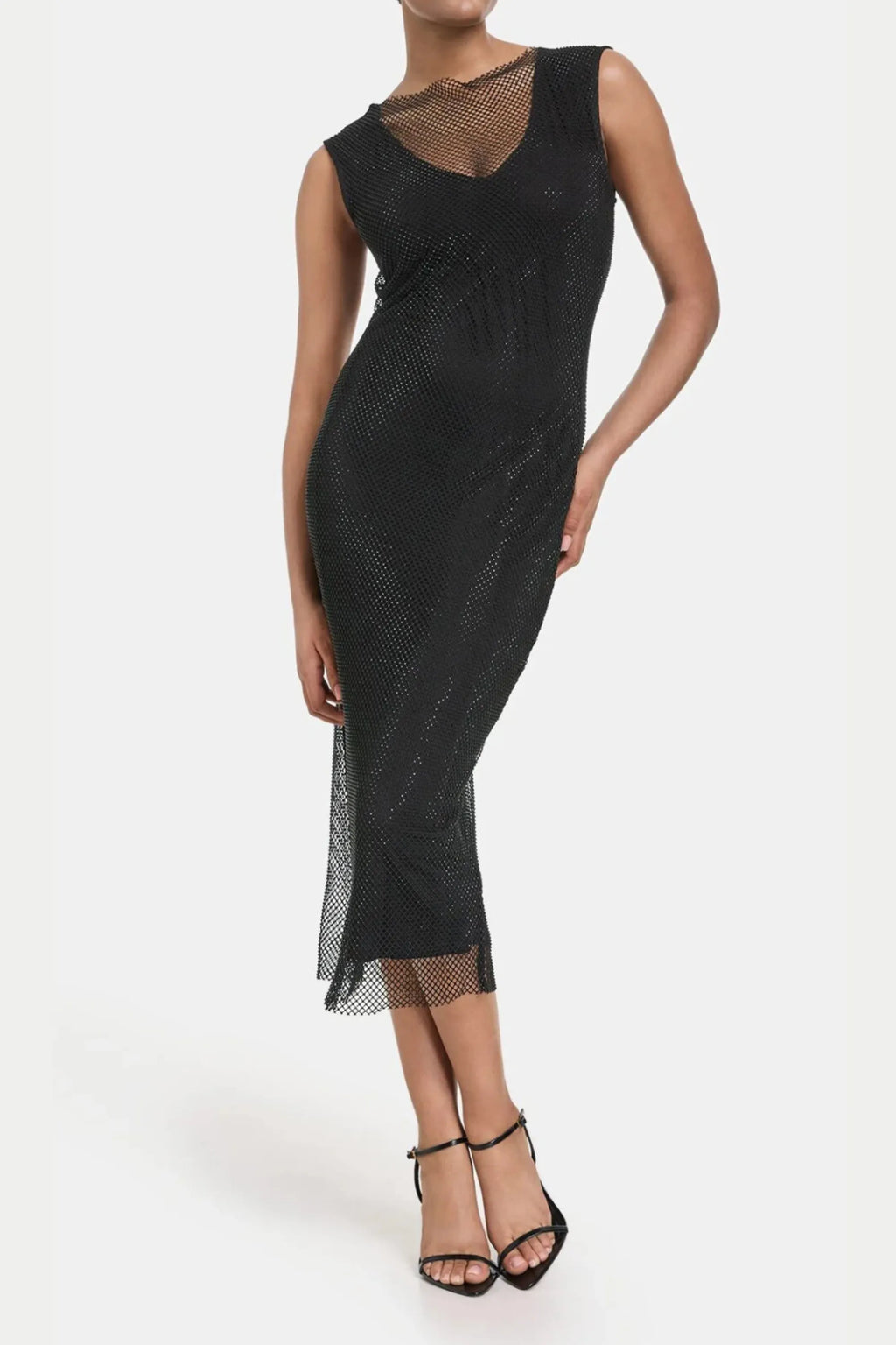 Sleeveless Mesh Shift Midi Dress In Black Flowering Girl