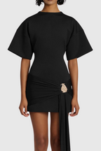 Draped Embellished Mini Dress - Black Flowering Girl