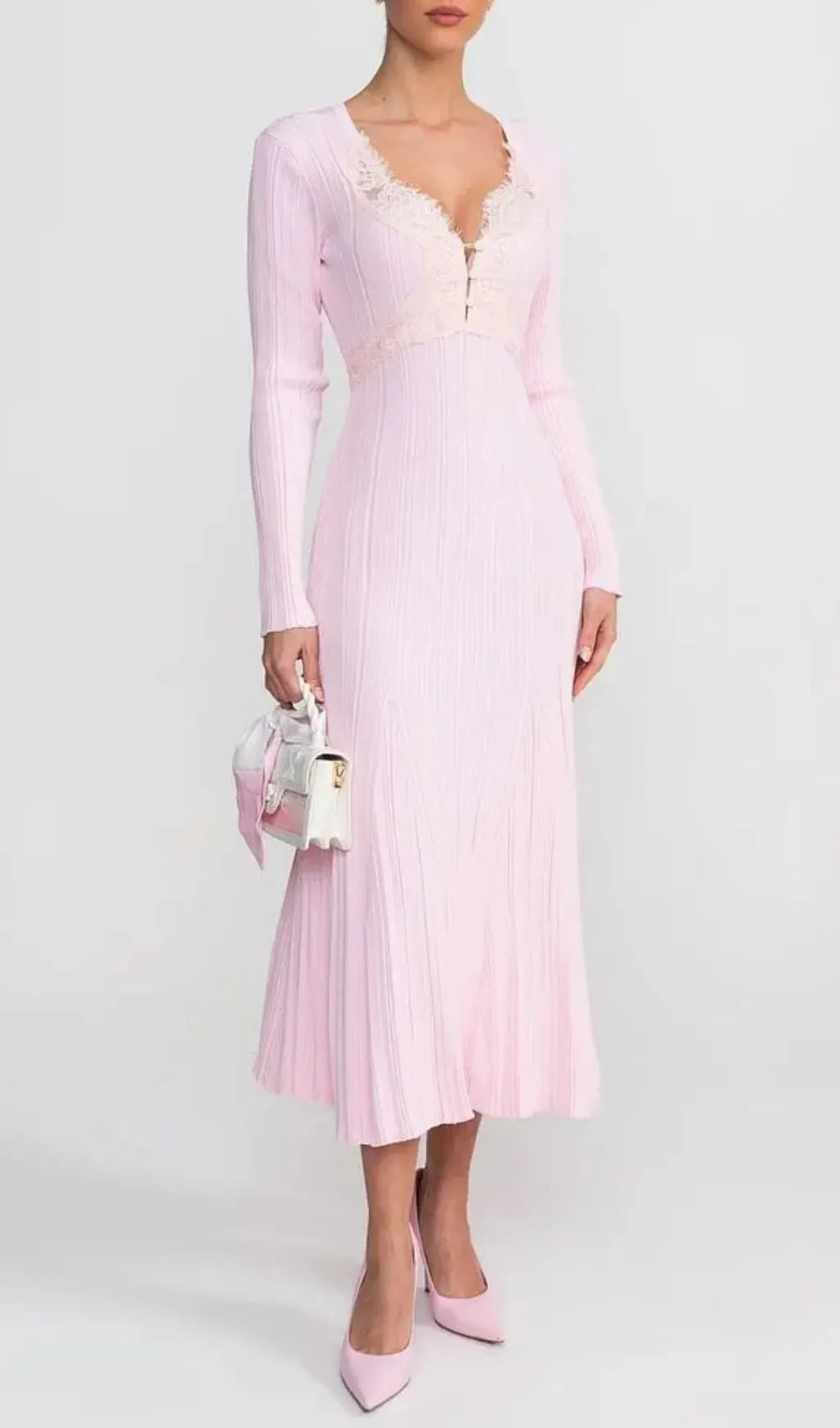 Apphia Pink Contrast Lace Knit Midi Dress Flowering Girl