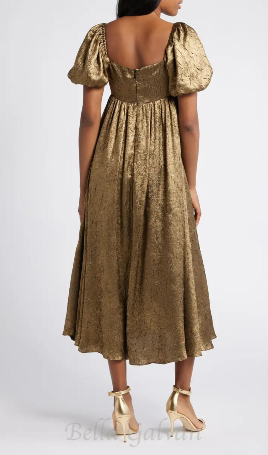 trista square neck puff sleeve midi dress in gold Flowering Girl