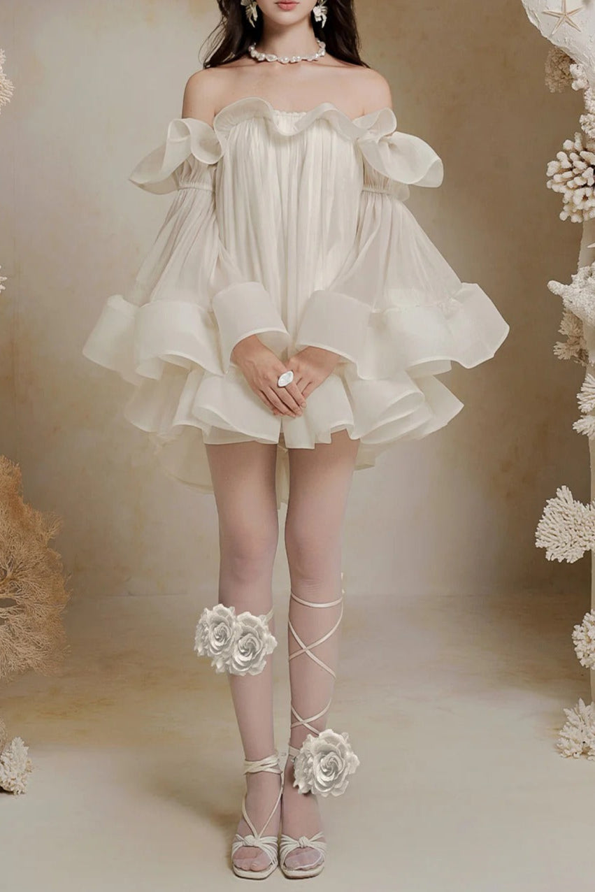 Bernice Ruffle Layer Crinkle Chiffon Mini Dress In White Flowering Girl