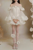 Bernice Ruffle Layer Crinkle Chiffon Mini Dress In White Flowering Girl