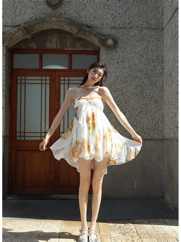 katherine Floral Halter Backless Mini Dress Flowering Girl