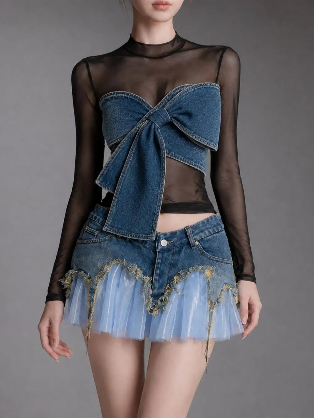 Maven Black Mesh Denim Bow Top Flowering Girl