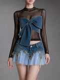Maven Black Mesh Denim Bow Top Flowering Girl