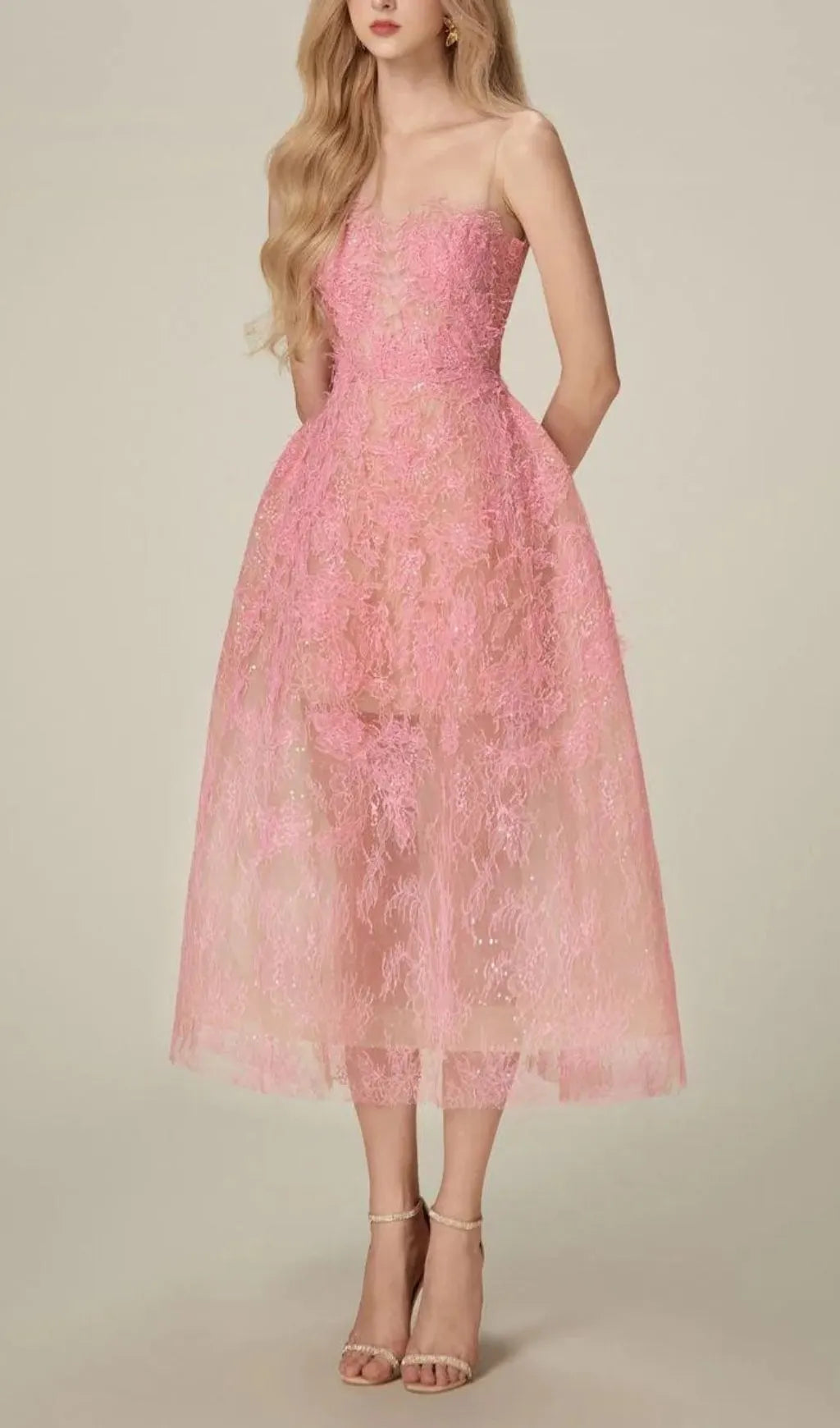Allyson Pink Floral Lace Embroider Midi Dress Flowering Girl