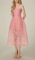 Allyson Pink Floral Lace Embroider Midi Dress Flowering Girl