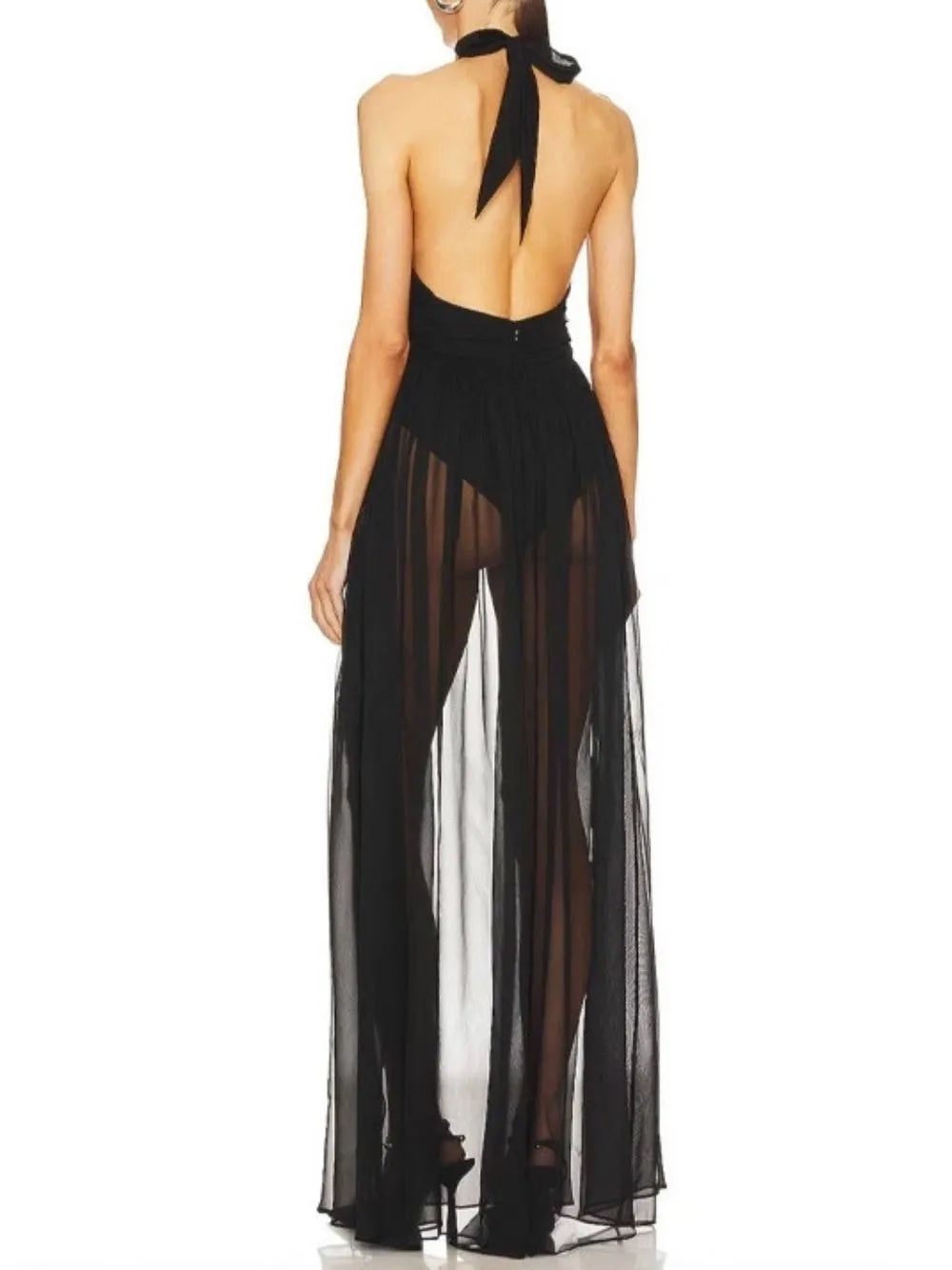 Mascara Black Halter Mesh Maxi Dress Flowering Girl