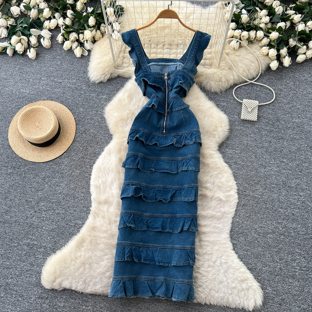 Medium Blue Denim Denim Sheath Dress Flowering Girl