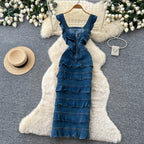 Medium Blue Denim Denim Sheath Dress Flowering Girl