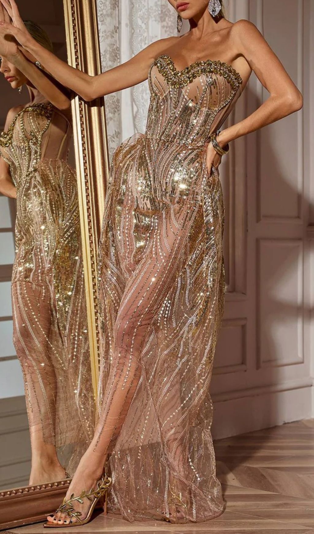 Calum Gold Strapless Rhinestone Sequin Maxi Dress Flowering Girl