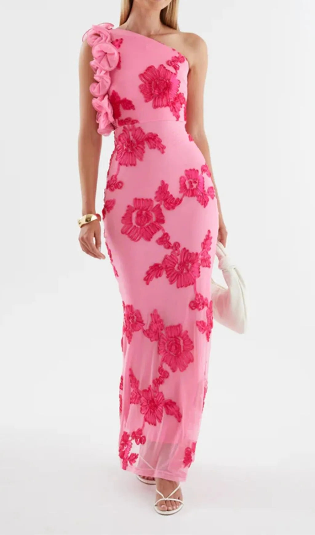 Novia One-Shoulder 3d Flower Embroidery Bodycon Maxi Dress - Pink Flowering Girl