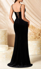 Landry Black Strappy Embellished Velvet Gown Flowering Girl