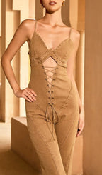 Letho Spaghetti Cutout Lace Up Jumpsuit Flowering Girl