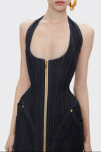 Haltered Corseted Midi Dress Denim In Navy Blue Flowering Girl