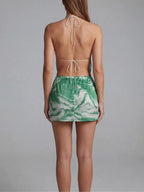 Maira Green Halter Printed Backless Mini Dress Flowering Girl