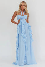 Blue Ruffle Strapless Long Chiffon Dress Flowering Girl