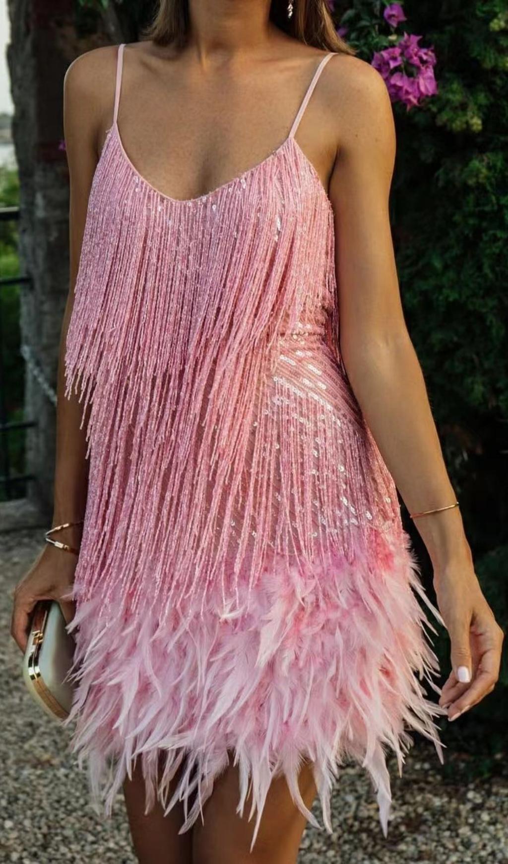 Pink Tassel Feather Mini Dress Flowering Girl