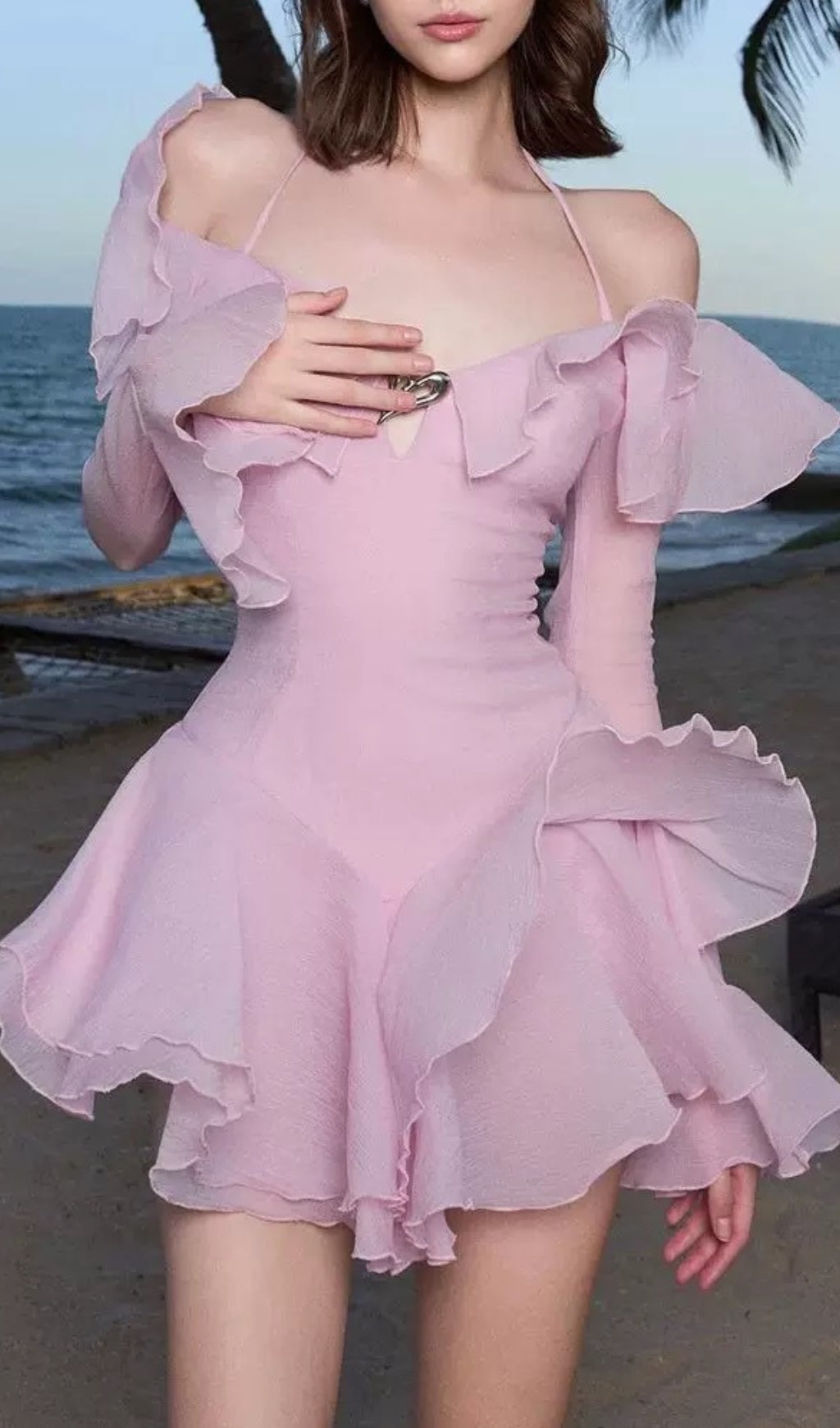 Brandee Pink Long Sleeve Ruffle Hem Mini Dress Flowering Girl