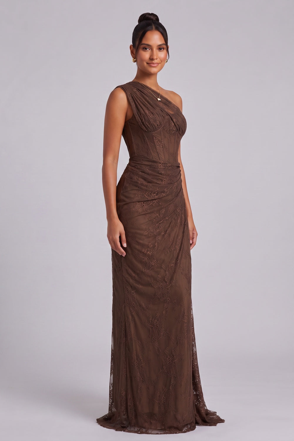 Chocolate Brown Floral Lace Column Gown Flowering Girl