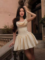 bernice backless pleated puffy Mini Dress - Champagne Flowering Girl