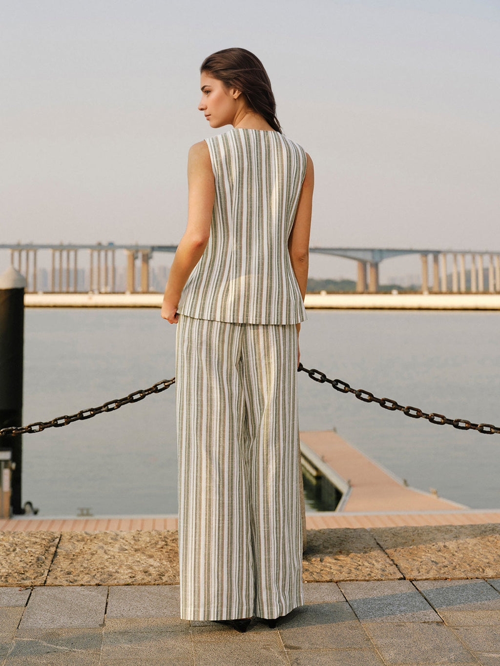 Green White Stripe Linen Sleeveless V-Neck Vest & Wide Leg Pants Two-Piece Set Flowering Girl