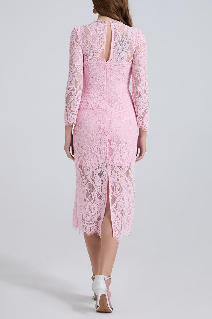 Bernice Rhinestone Fishbone Lace Midi Dress In Pink Flowering Girl