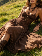 Dark Brown Lace-Paneled Chiffon Maxi Dress Flowering Girl