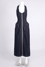 Haltered Corseted Midi Dress Denim In Navy Blue Flowering Girl