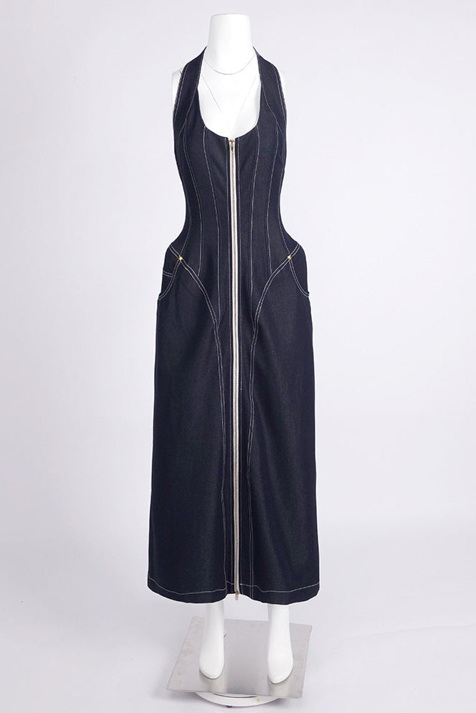 Haltered Corseted Midi Dress Denim In Navy Blue Flowering Girl
