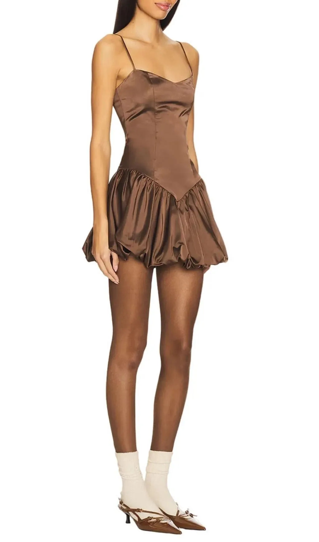 Ottoia Satin Puffy Mini Dress - Brown Flowering Girl