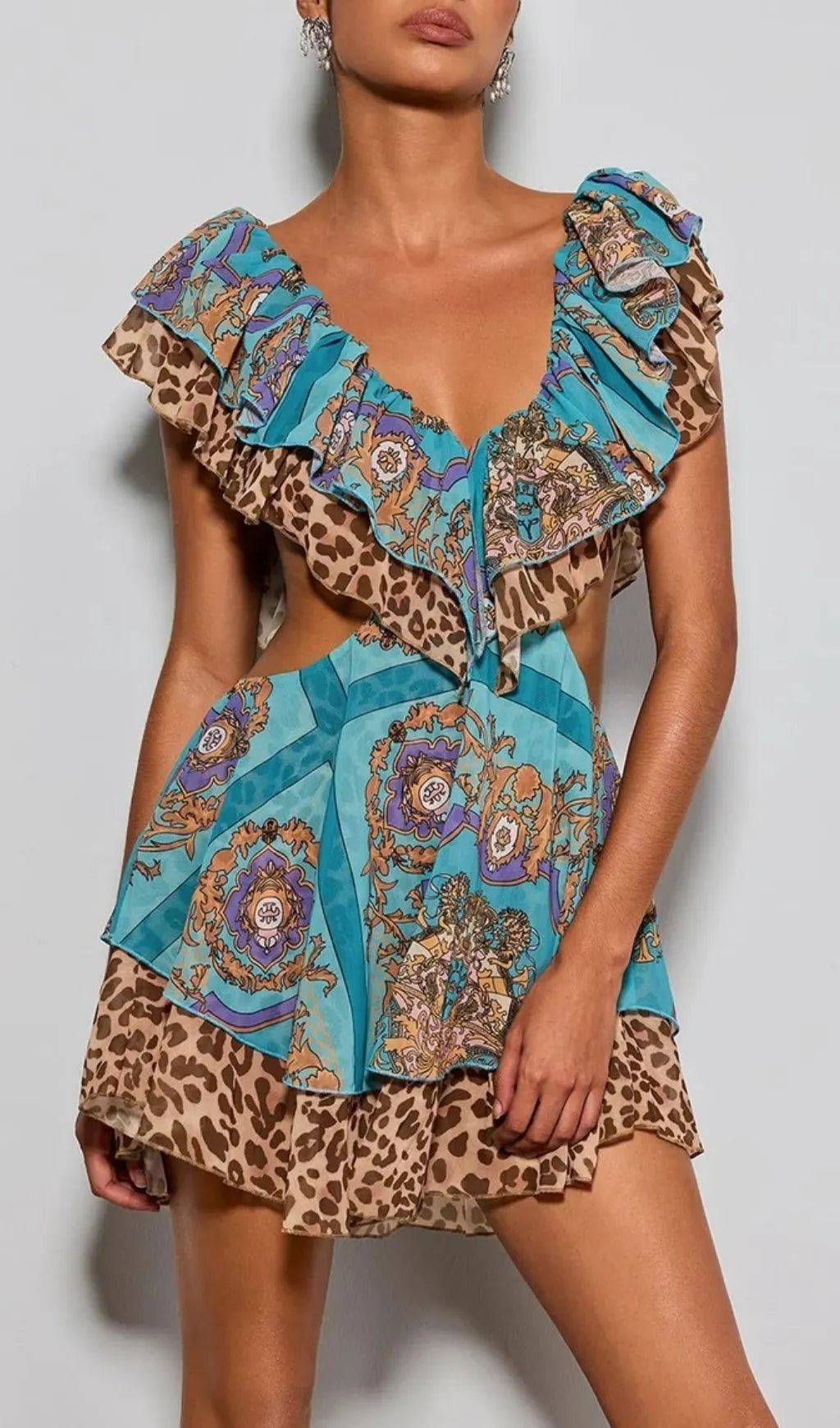 Eshana V Neck Cutout Printed Mini Dress Flowering Girl