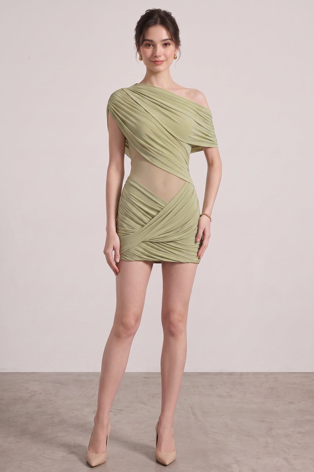 Sage Green Asymmetrical Draped Mini Dress Flowering Girl