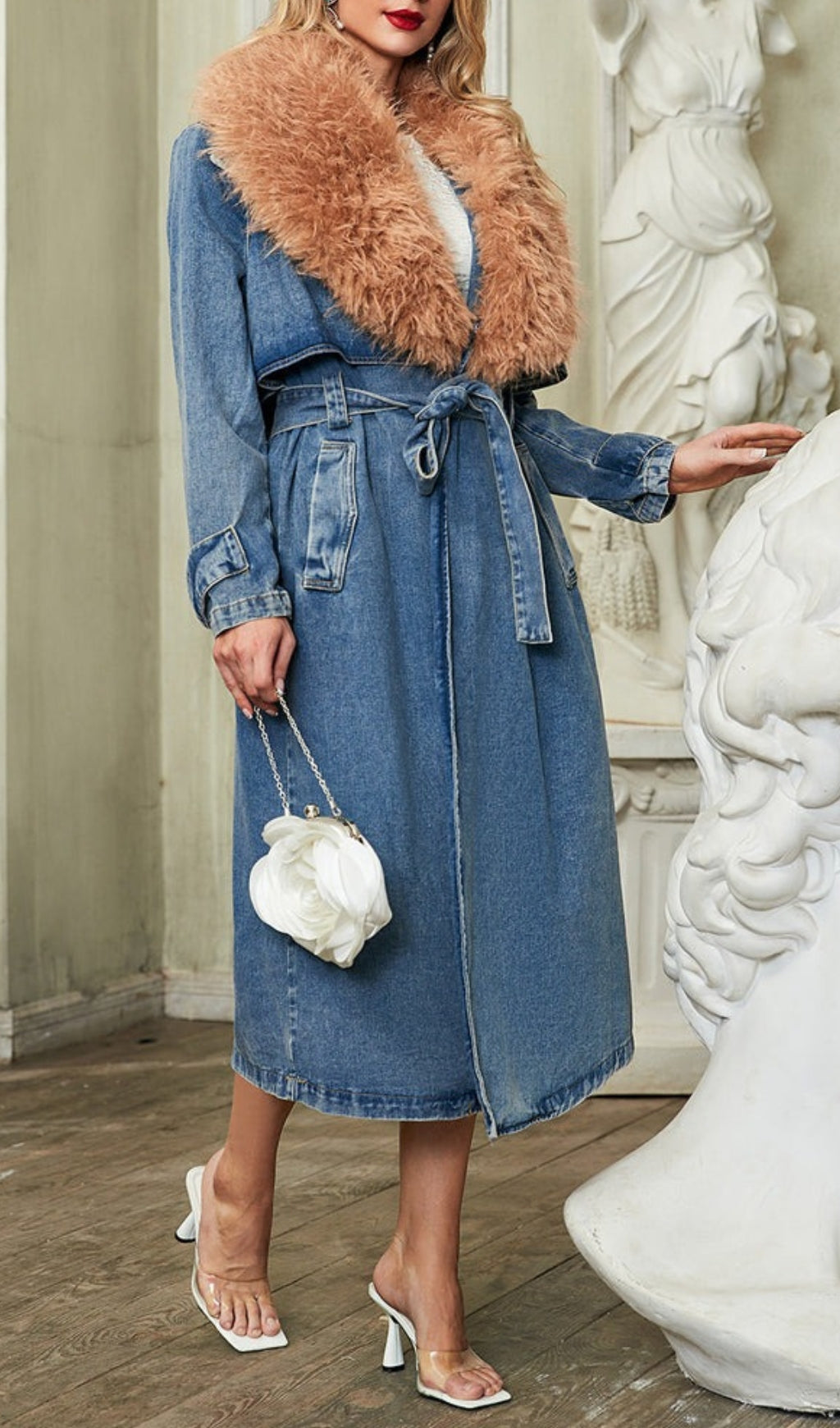 Adel Faux Fur Collar Denim Coat Flowering Girl