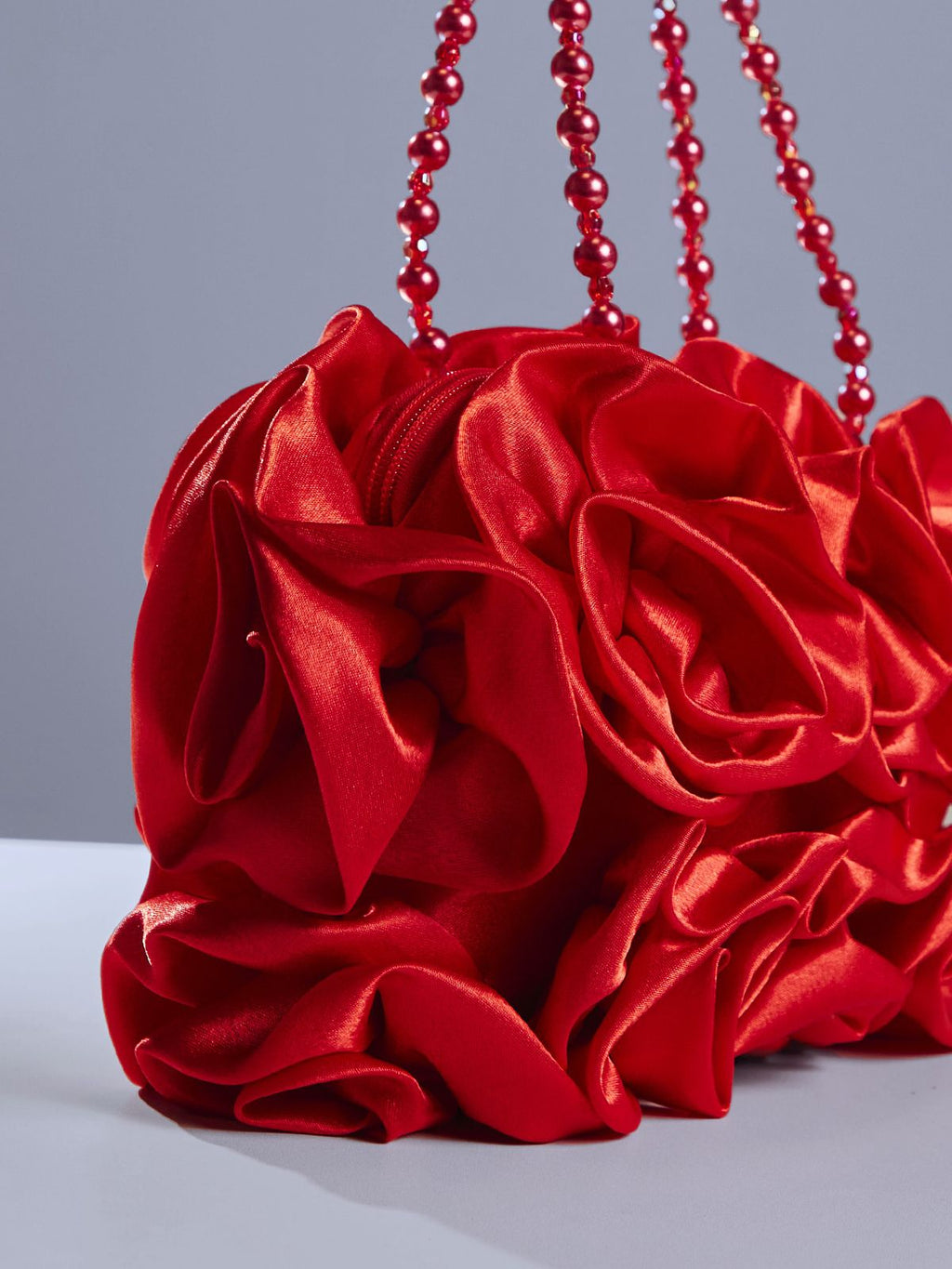 Red Satin Rose Clutch With Beaded Handle Flowering Girl