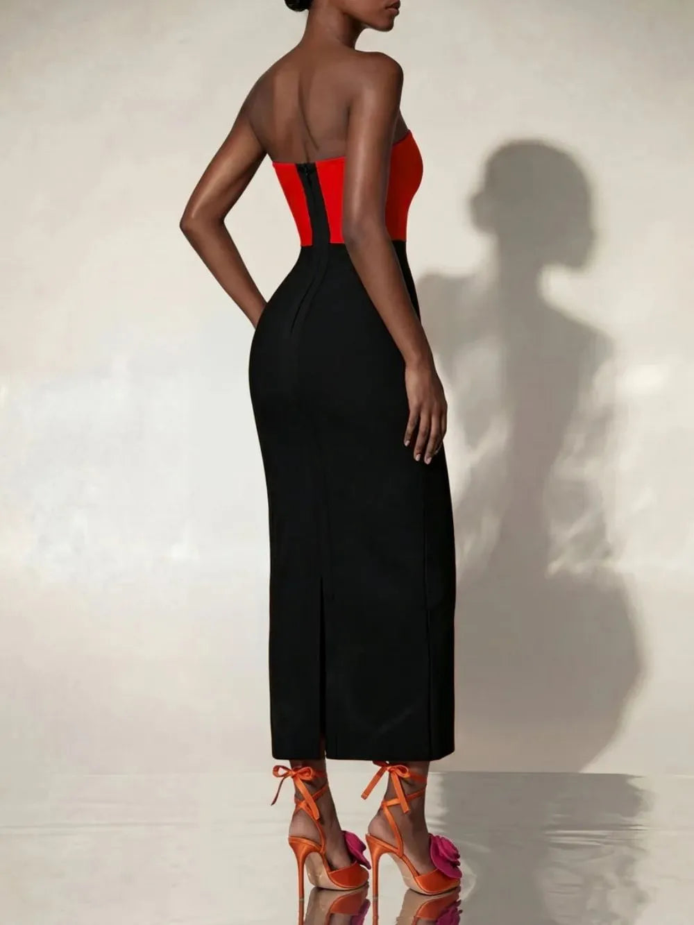 Caldren Strapless Flower Bandage Midi Dress In Black Flowering Girl