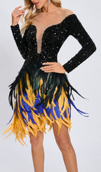 Long Sleeve Sequin Feather Dress Black Flowering Girl