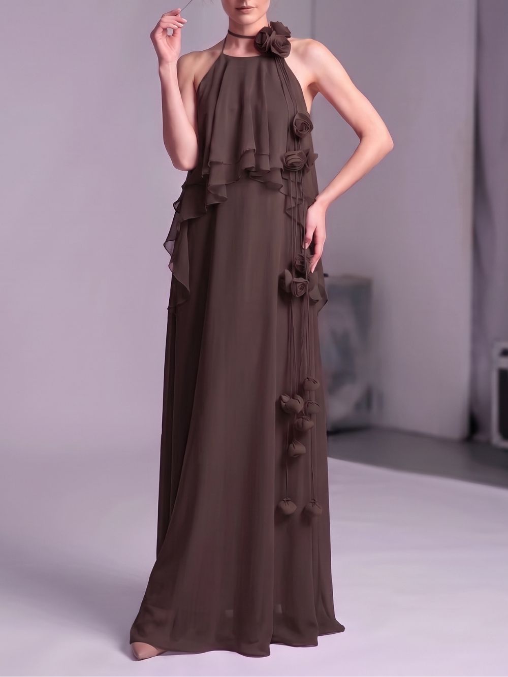 Myriam Coffee Halter Flower Maxi Dress