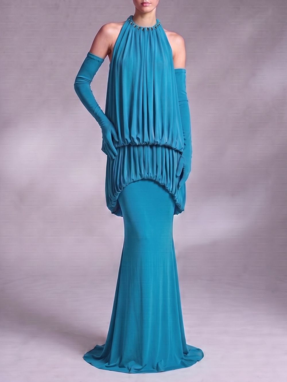 Myna Blue Halter Pleated Maxi Dress With Gloves
