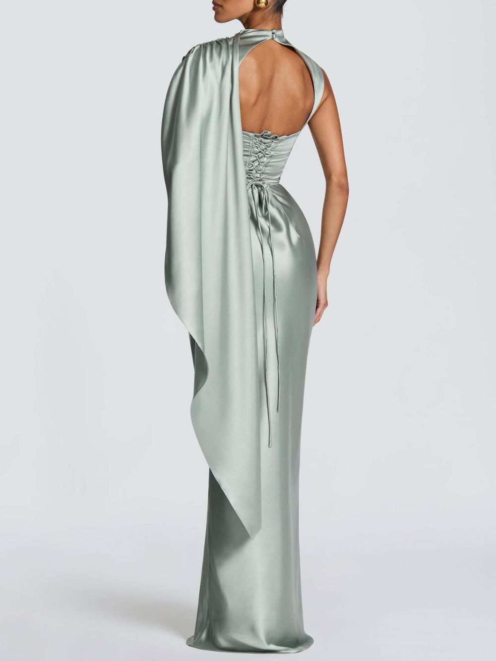 Sage Green Satin Asymmetrical Evening Gown with Draped Panel Flowering Girl