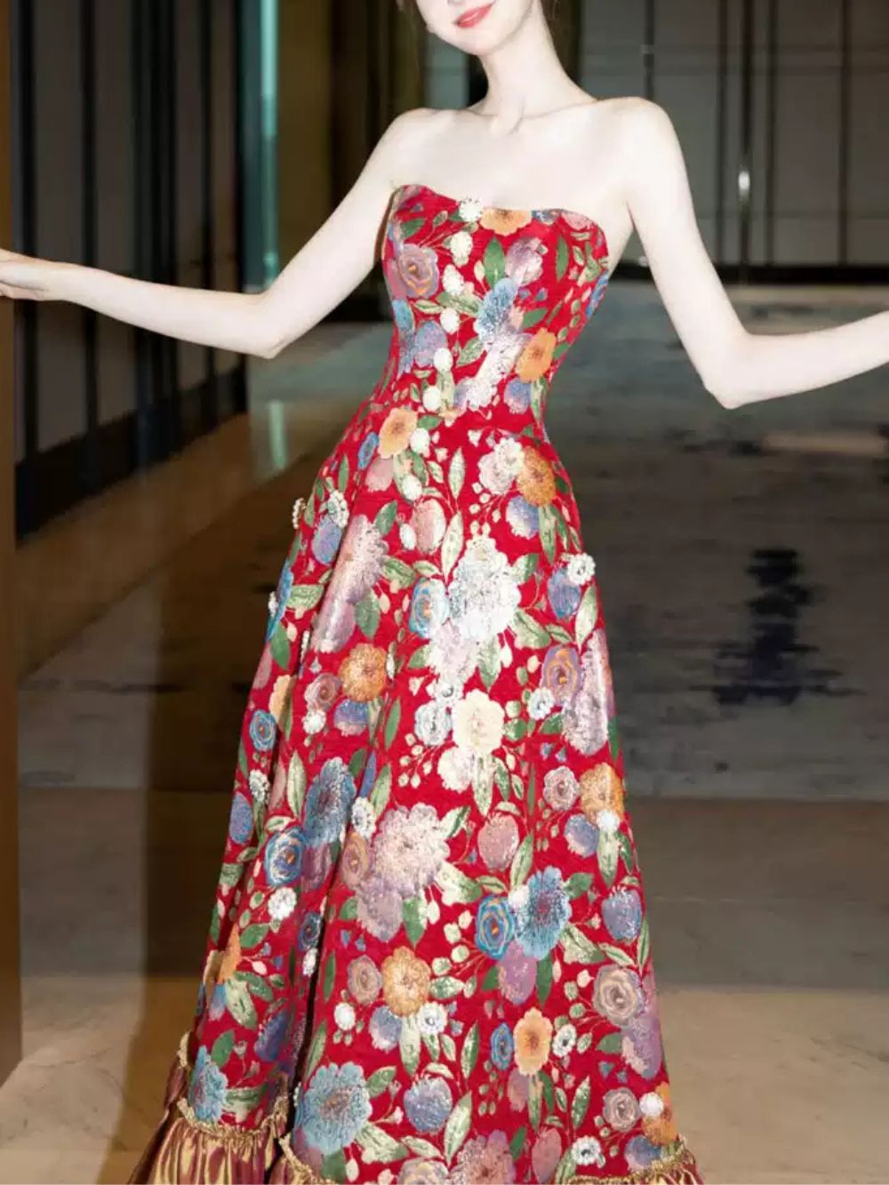 Mozelle Red Strapless Floral Maxi Dress