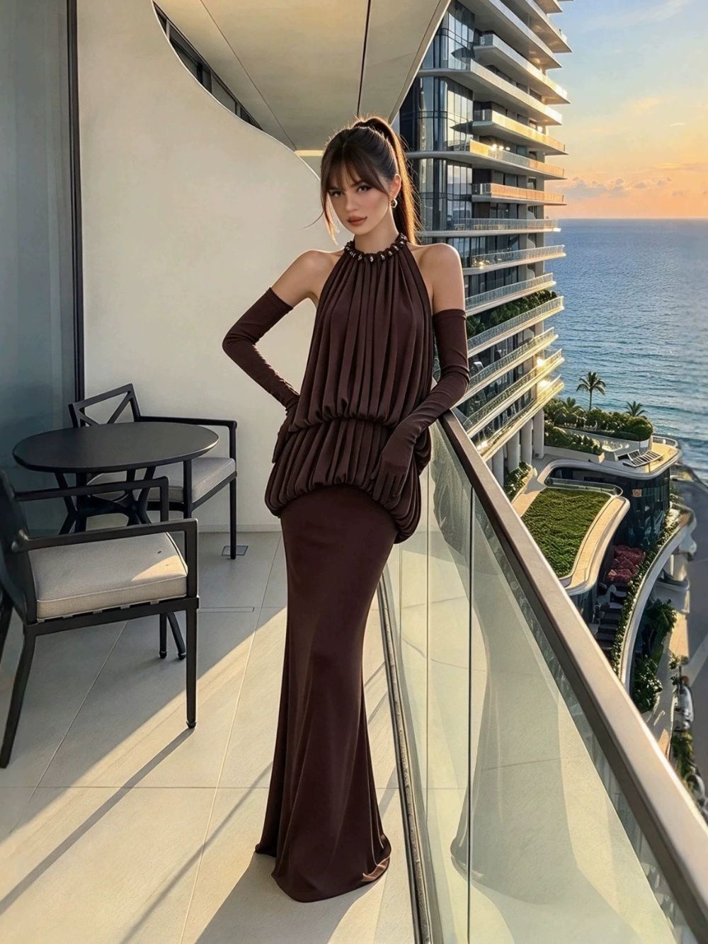 Myna Coffee Halter Pleated Maxi Dress With Gloves