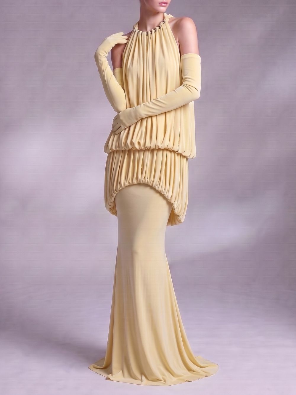 Myna Yellow Halter Pleated Maxi Dress With Gloves