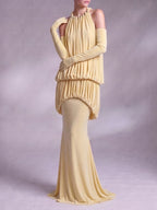 Myna Yellow Halter Pleated Maxi Dress With Gloves