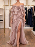 Dusty Pink Chiffon Flowing A-Line Gown with High Slit Flowering Girl