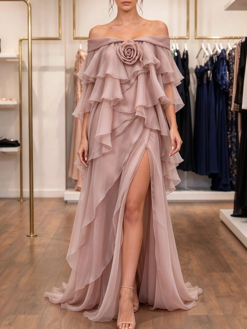 Dusty Pink Chiffon Flowing A-Line Gown with High Slit Flowering Girl