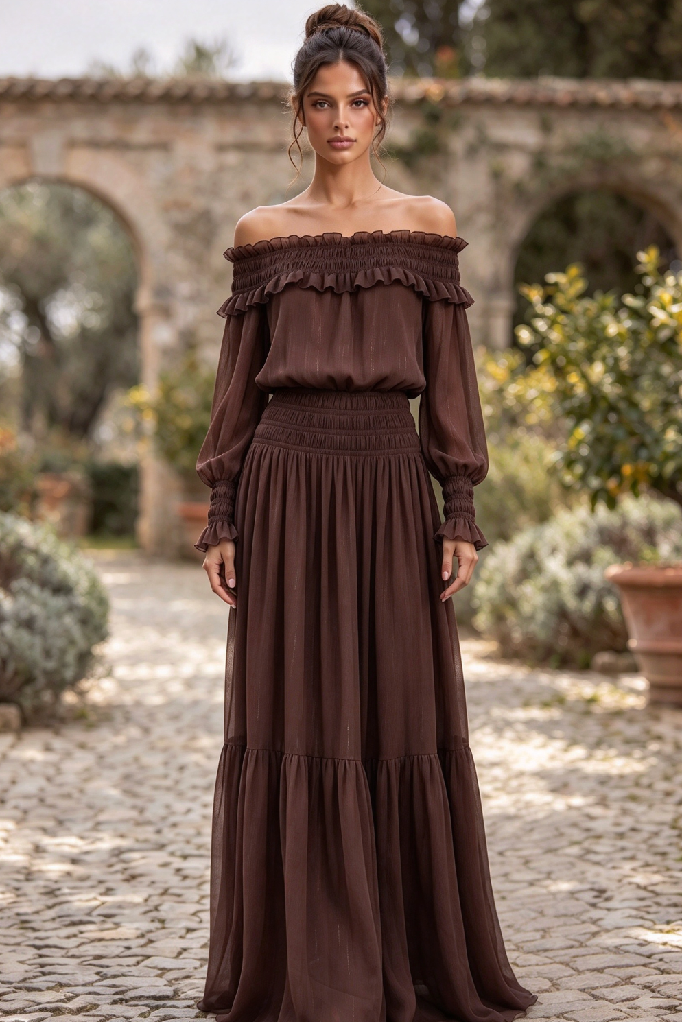 Chocolate Brown Textured Chiffon Blouson Maxi Dress with Tiered Skirt Flowering Girl